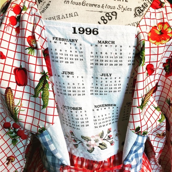 Handmade vintage tea towel dress puff sleeve midi cotton shabby art to wear boho - Picture 4 of 5